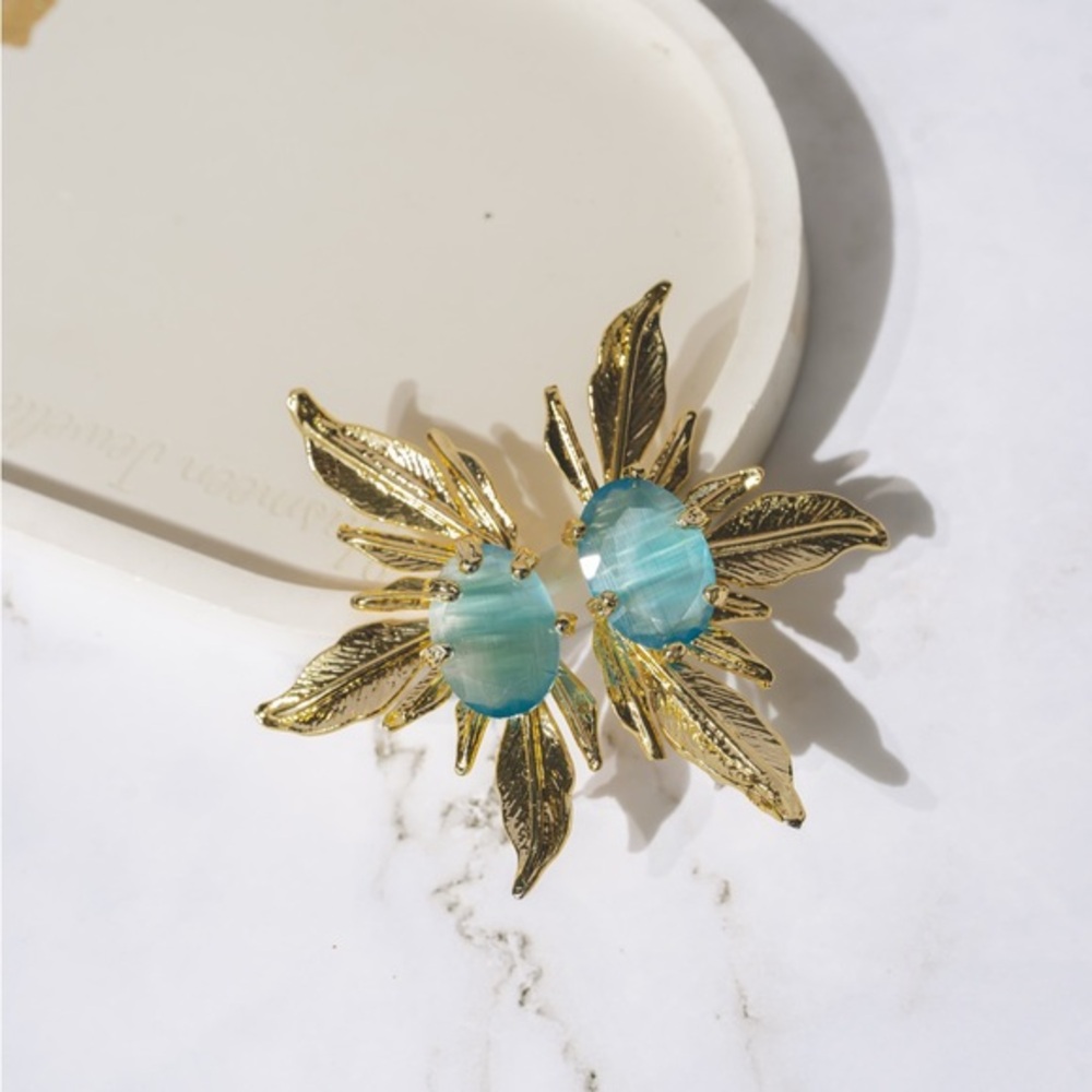 Gold Flower Cat Eye Stone Earrings
